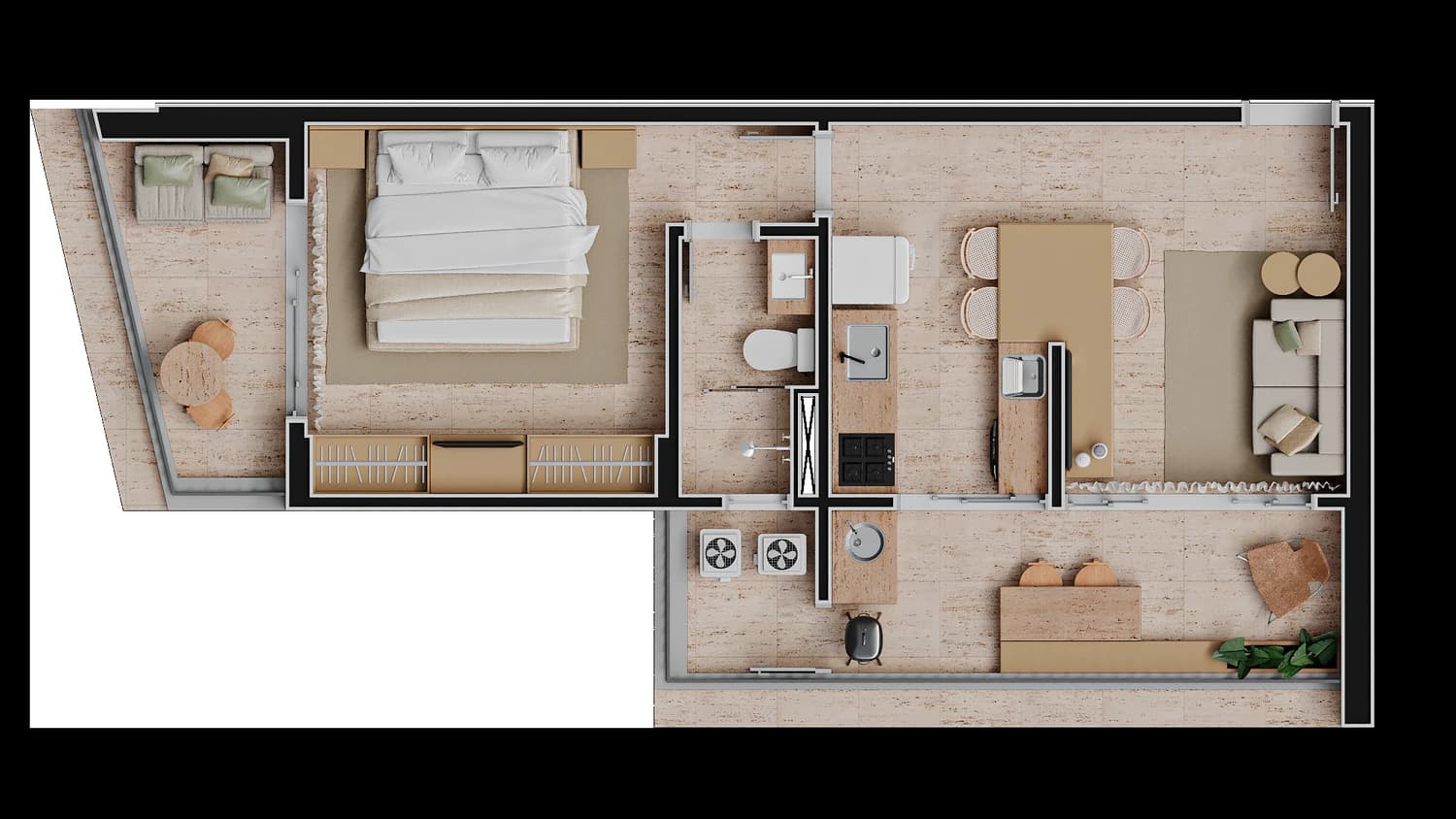 Planta humanizada de 1 quarto, opção A, do 29 Três Meia.