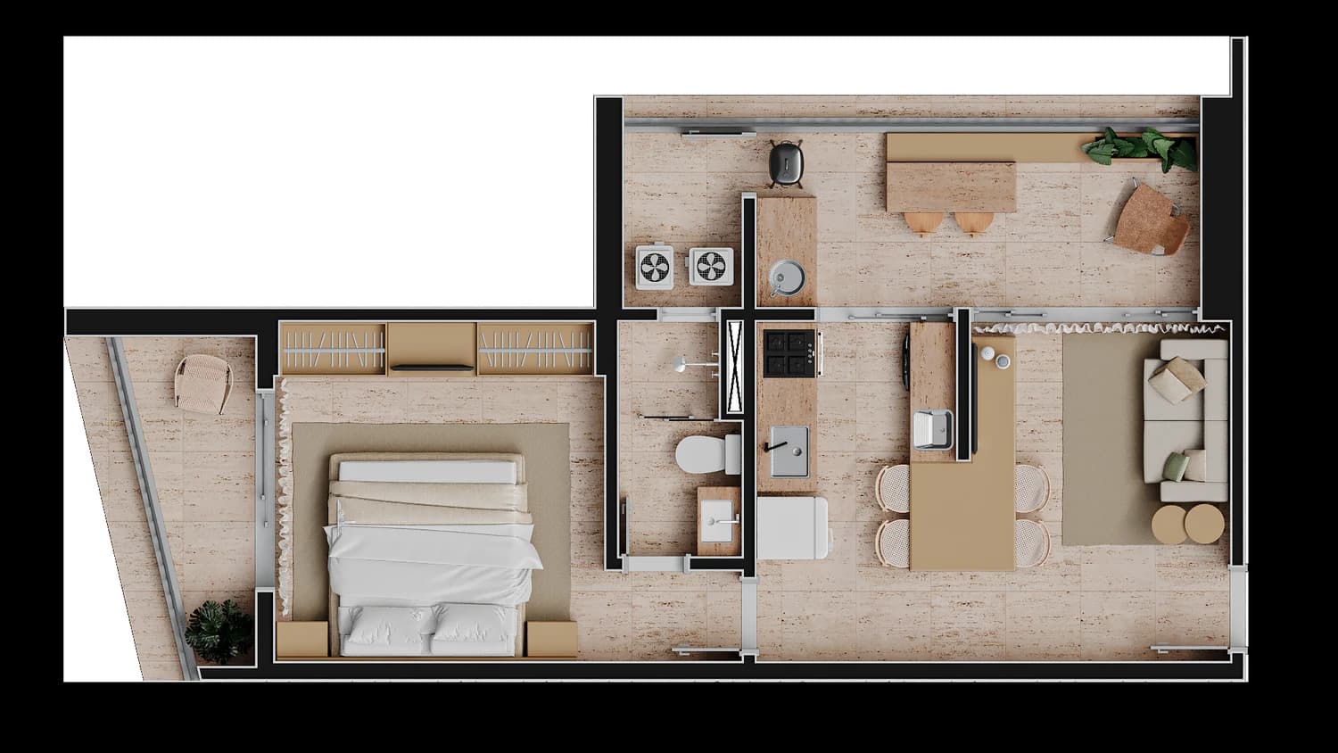 Planta humanizada de 1 quarto, opção B, do 29 Três Meia.